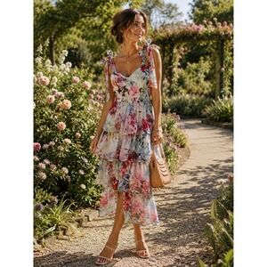 Lulu's White Floral Tie-Shoulder Tiered Midi Dress